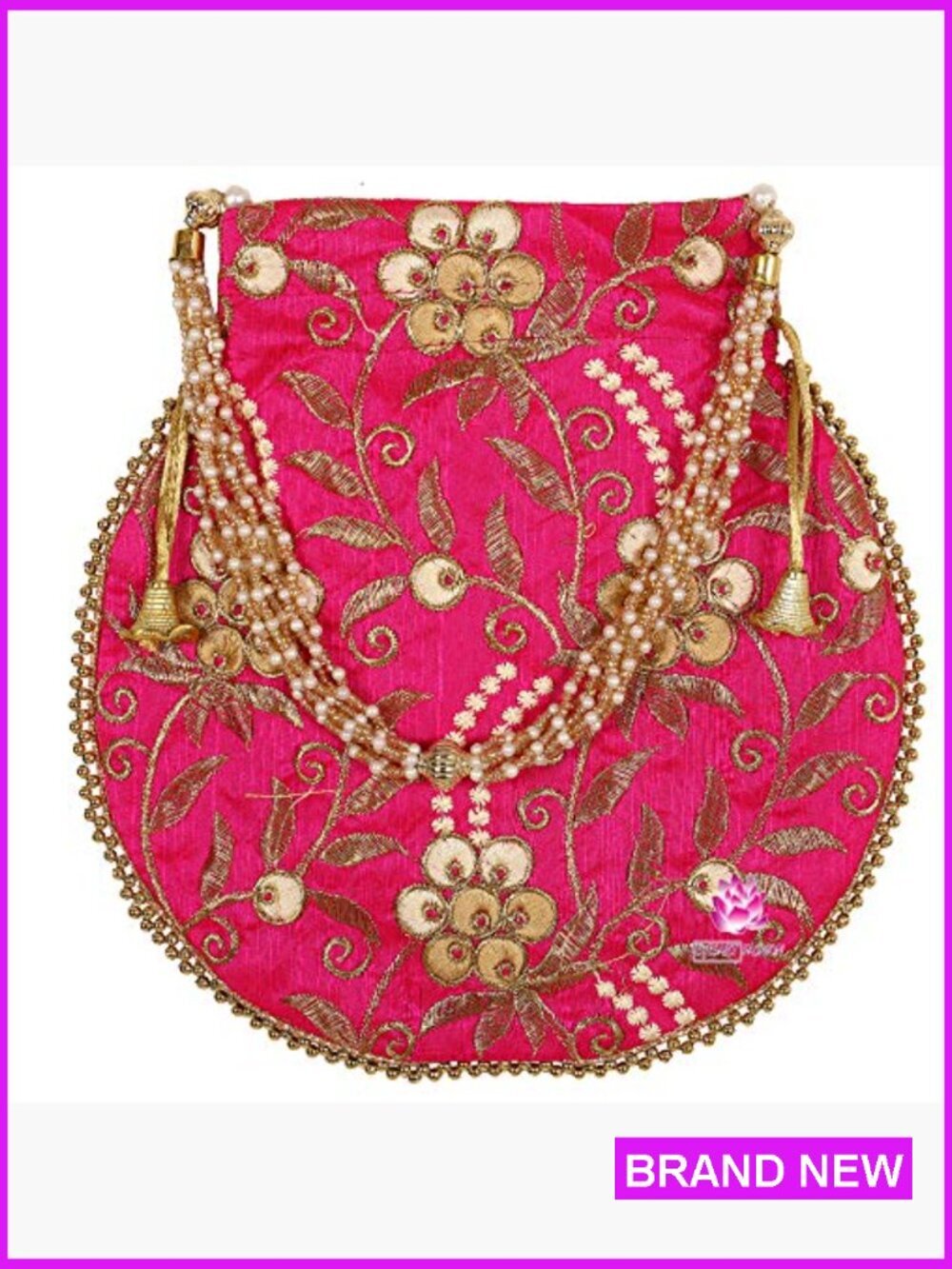 Ethnic Potli Bag Pearl Handle Floral Clutch Drawstring Closure Wristlet - Picture 4 of 7